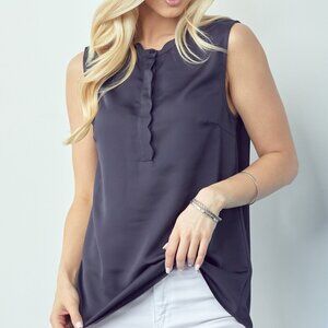 DOE & RAE Navy Scalloped Sleeveless Blouse, Elegant Work Top